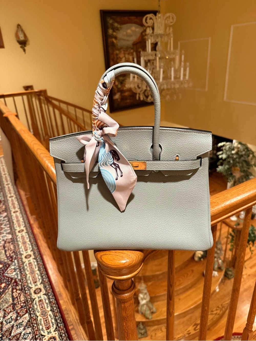 Luxury Women's Top-Handle Togo leather Bag in Light Blue with Removable Scarf - Picture 7 of 9